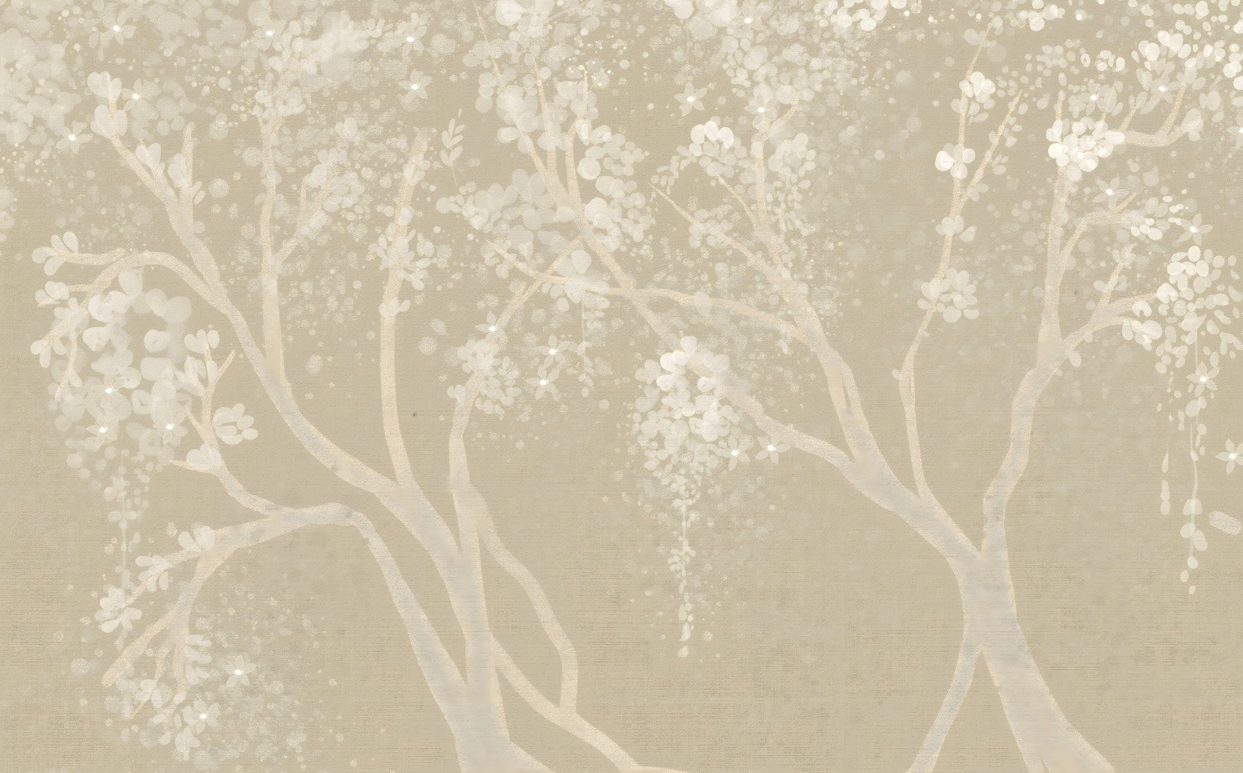 Vintage beige Sakura cherry blossom wallpaper in a modern living room setting.
