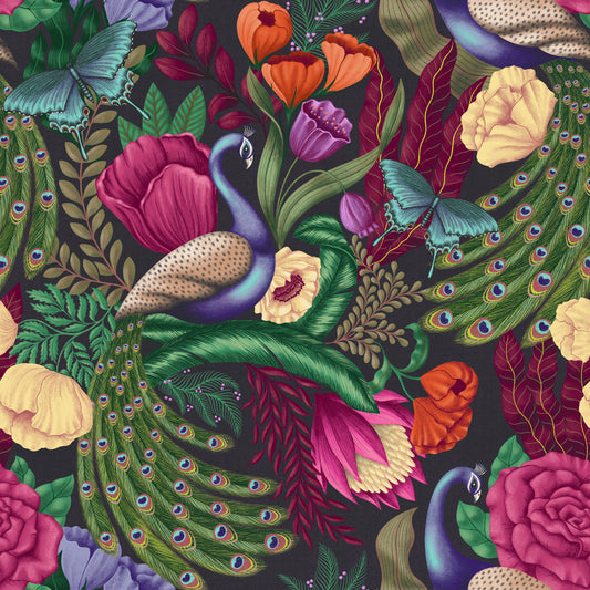 Maximalist Peacock Fantasy Garden - Carta da parati nero carbone