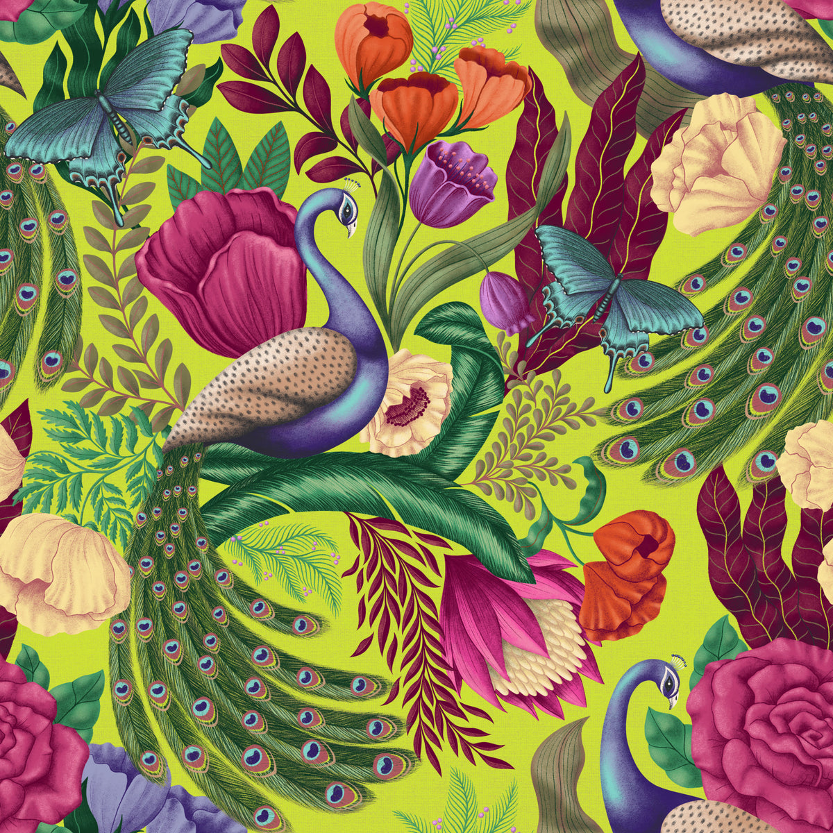 Maximalist Peacock Fantasy Garden - Neongrønt tapet