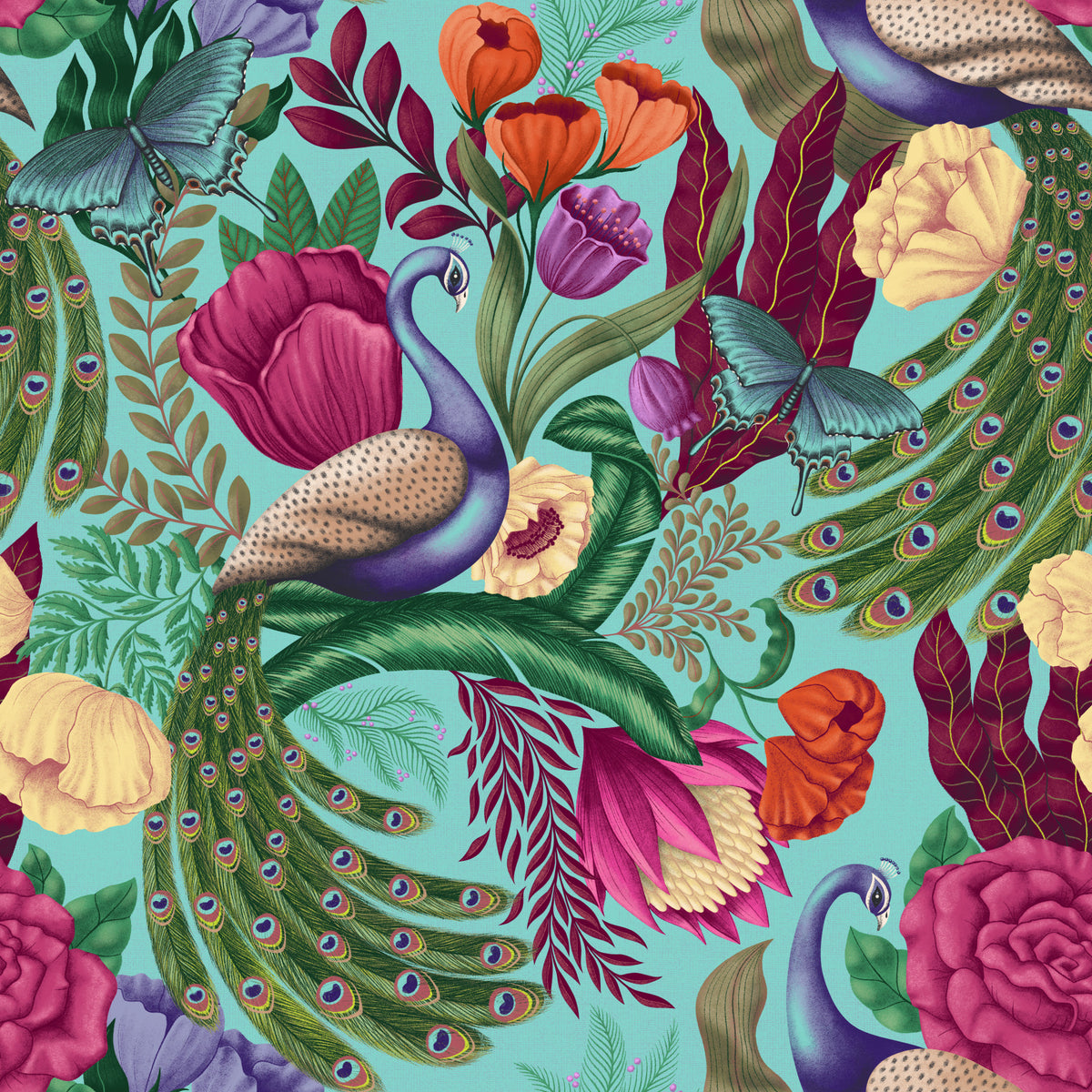Papel de Parede Turquesa com Fantástico Jardim de Pavão Maximalista in your room — zoomed