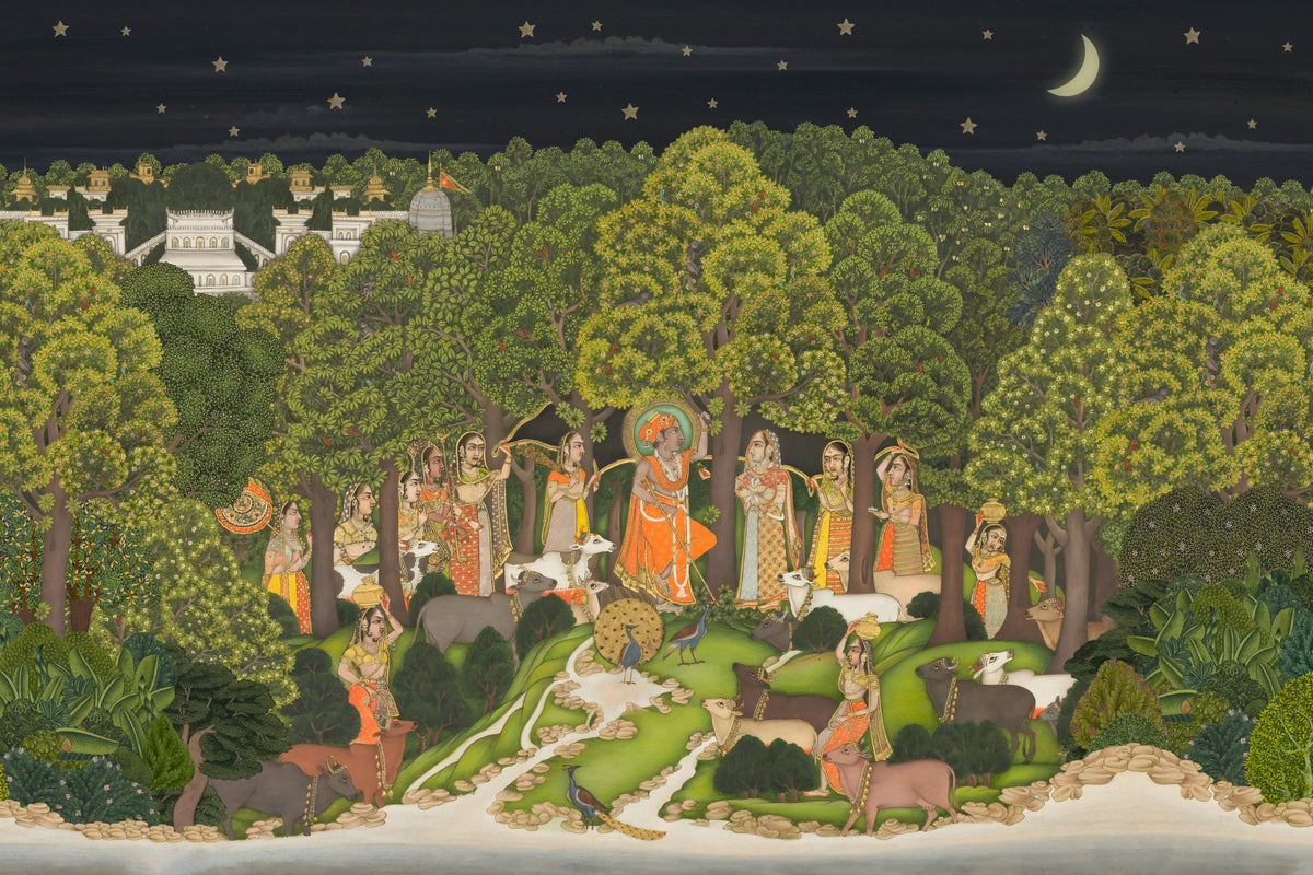 Wandgemälde „Krishnas verzauberter Wald bei Nacht“ in your room — zoomed
