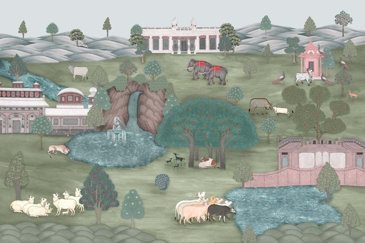 Mughal Garden & Wildlife Vista Wall Mural in your room — zoomed