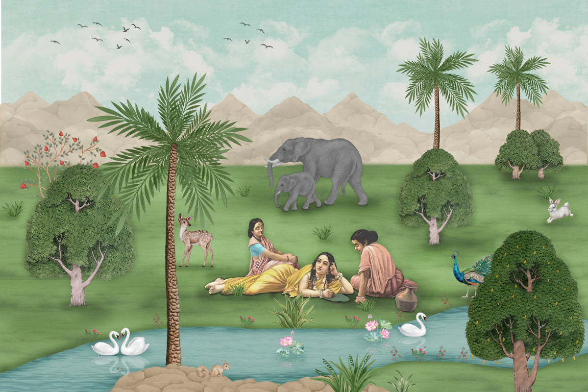 Enchanted Mughal Landscape Wall Mural in your room — zoomed
