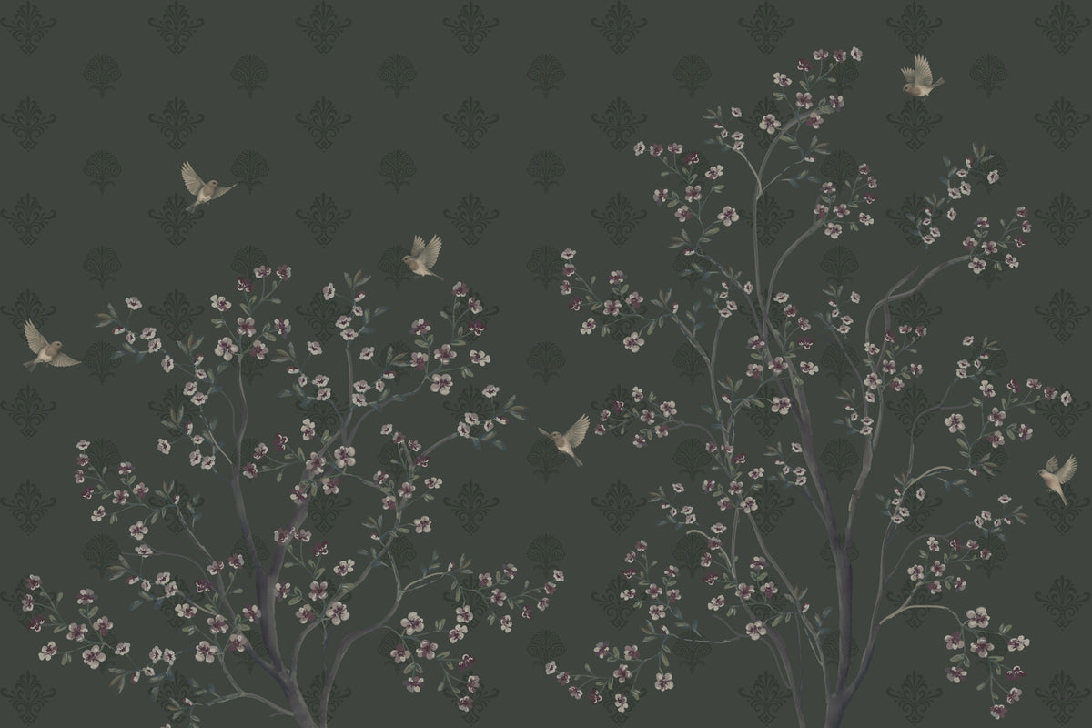 Elegante murale con fiori di uccelli in your room — zoomed