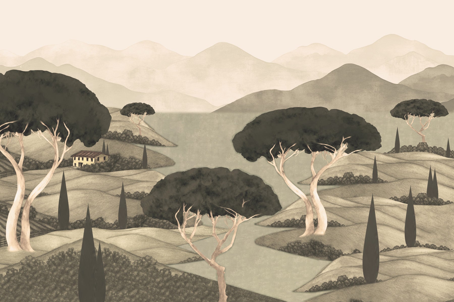 Fresque murale représentant une vue sur une colline toscane