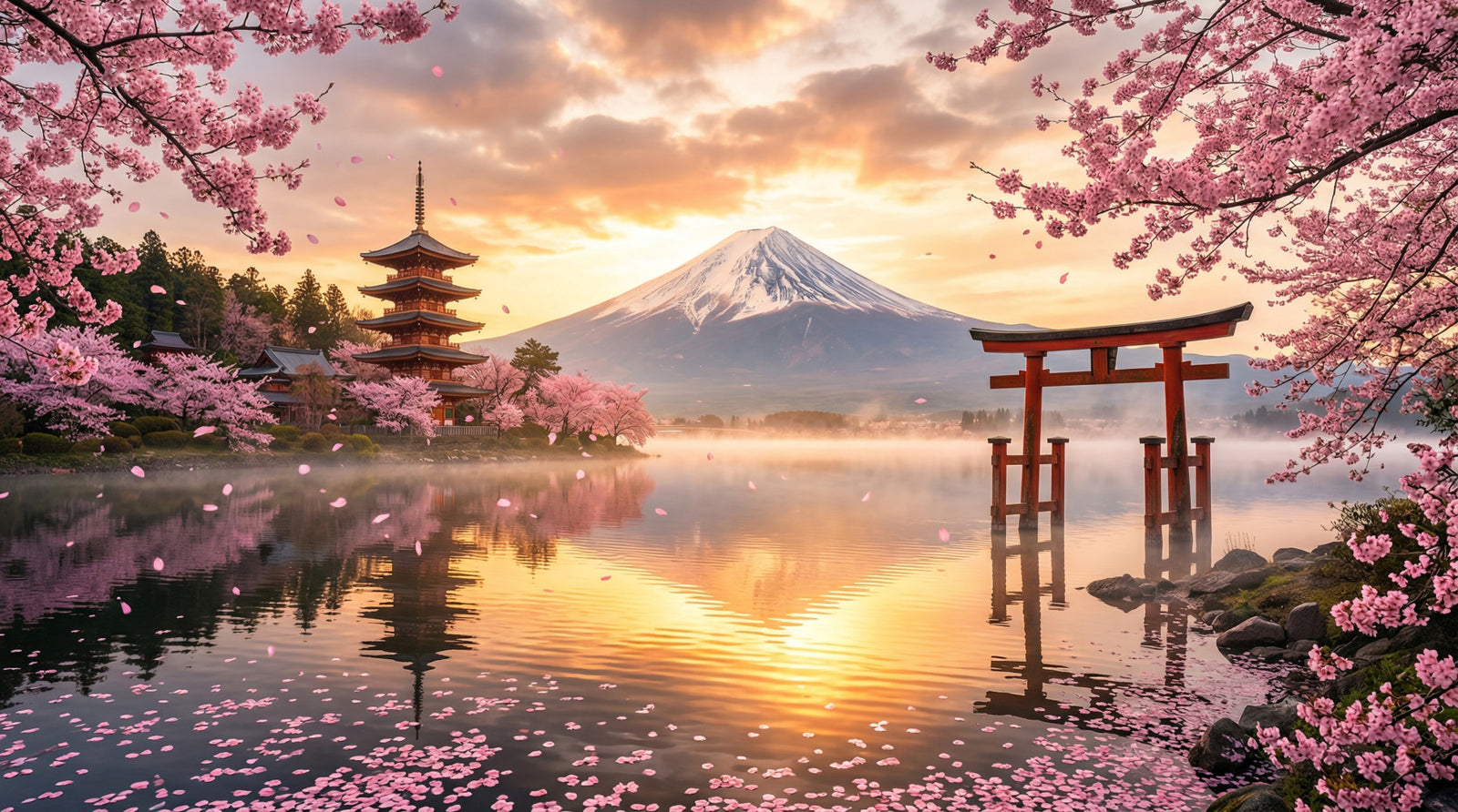 Fototapet Sakura Vista la Ora de Aur a Munților Fuji