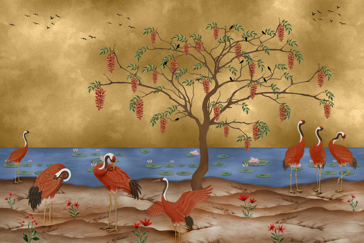 Mural de pared Grúas orientales y aguas doradas in your room — zoomed