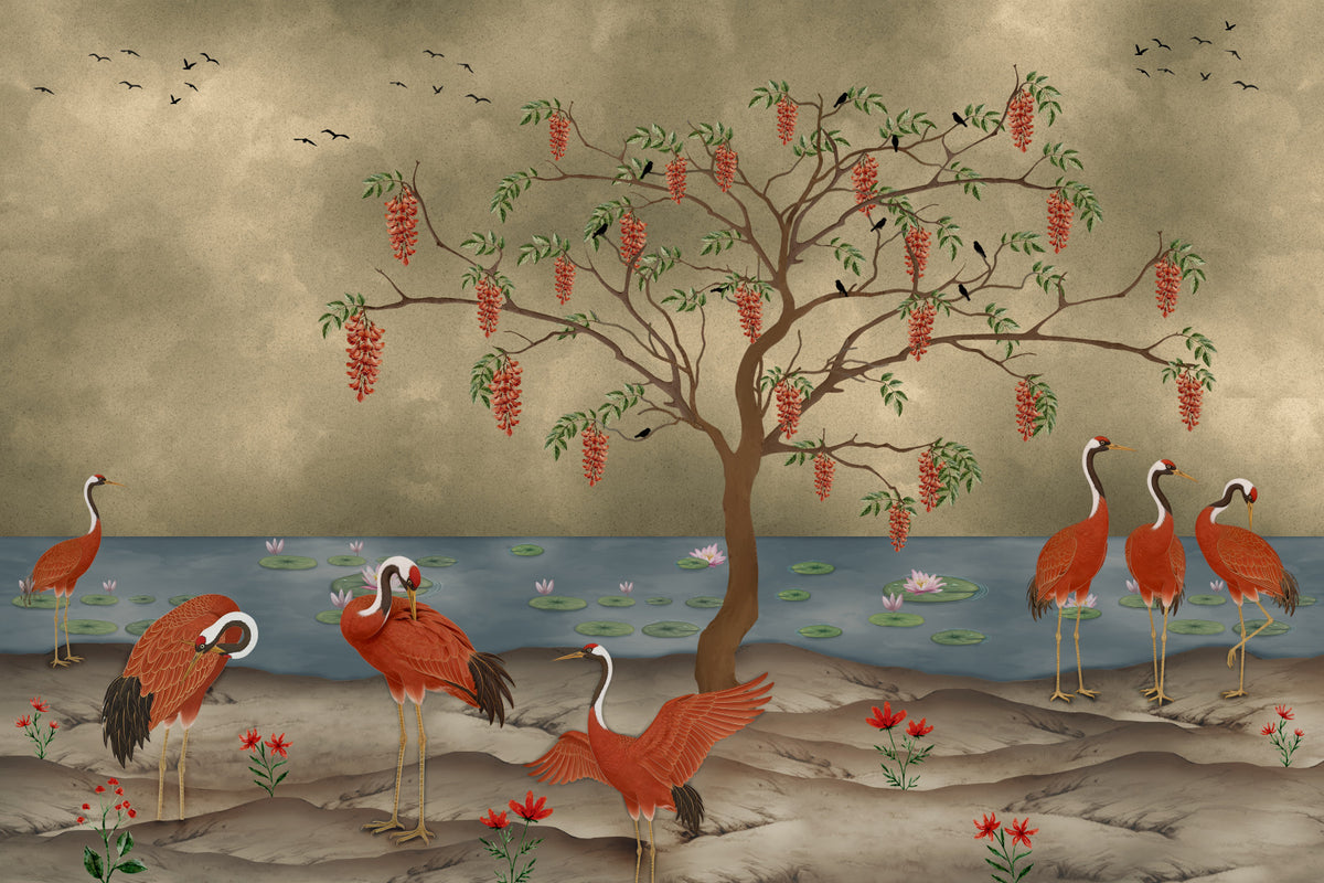 Muurschildering 'Karmozijnrode kraanvogels bij Lotusmeer' in your room — zoomed