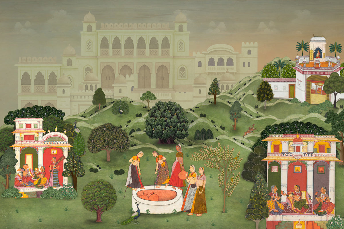 Fresque murale intemporelle du jardin d'un palais indien in your room — zoomed