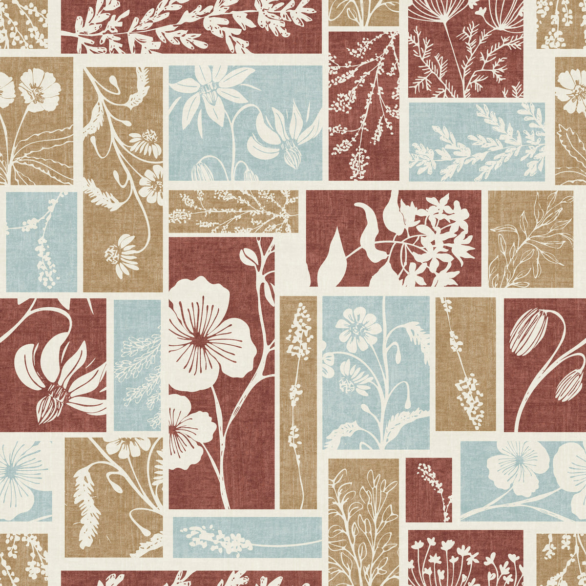 Rustikt tapet med botanisk patchwork-motiv i arvestykkestil in your room — zoomed