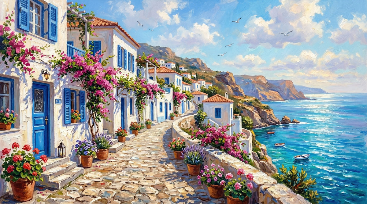 Fototapet pictural cu o evadare din insulele grecești in your room — zoomed