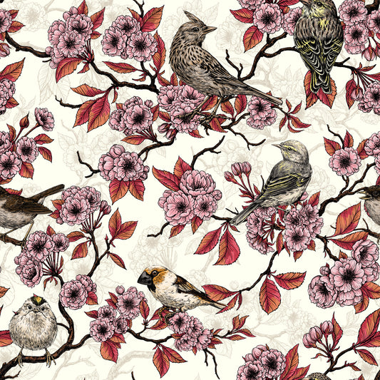 Birds and cherry blossom on ivory Wallpaper⁠