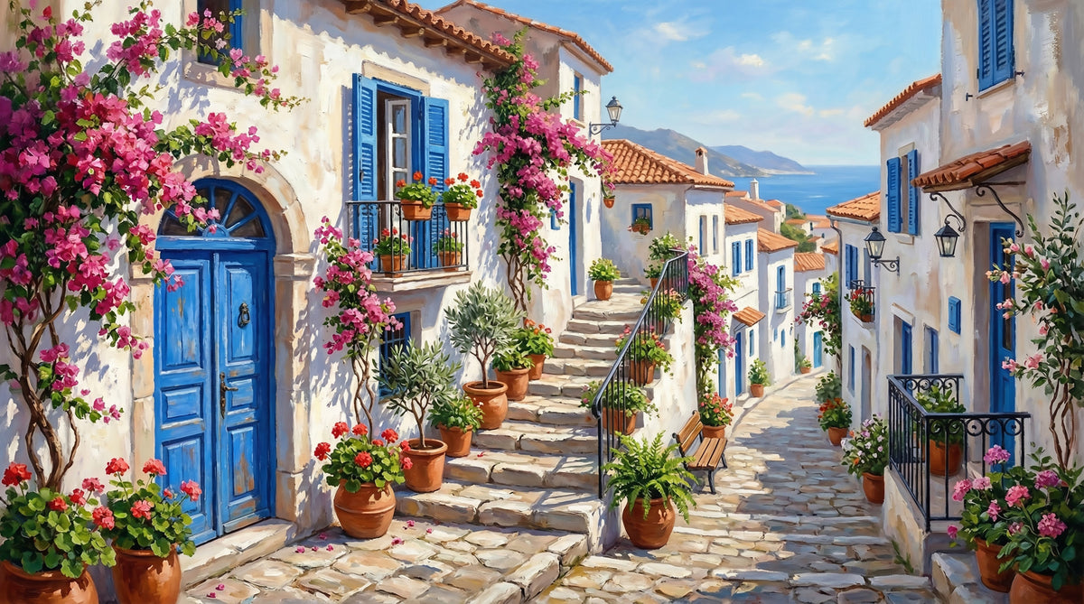 Wandbild „Kobaltblaue und Bougainvillea-Träume“ in your room — zoomed