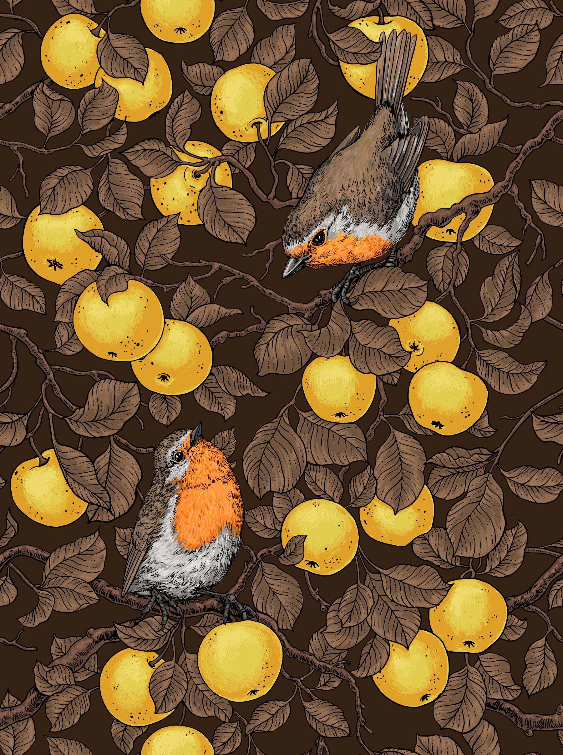 Robins in the apple tree/yellow and dark brown Wallpaper⁠