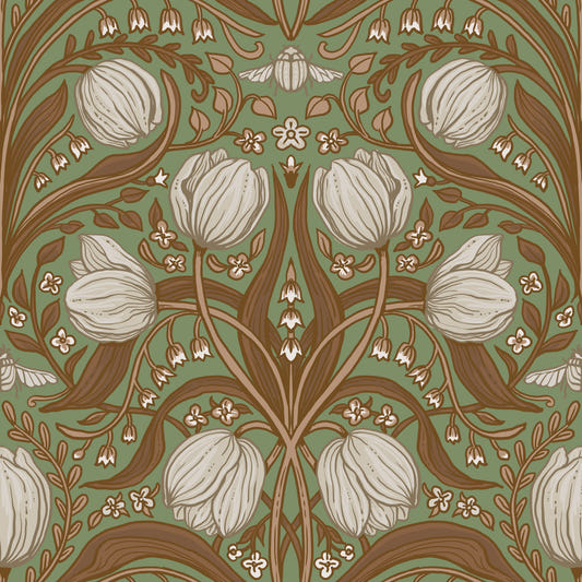Retro Nouveau Tulipaner i salvie og brunt tapet
