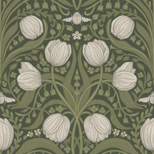 Retro Nouveau Tulipaner i orange og blågrøn tapet