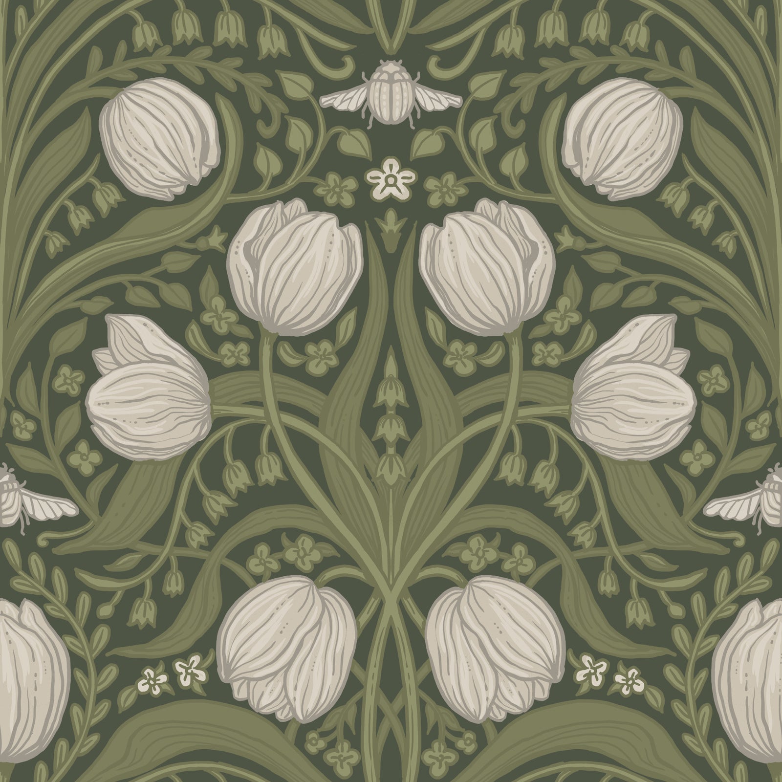 Carta da parati con tulipani in stile Retro Nouveau nei toni dell'arancione e del verde acqua.
