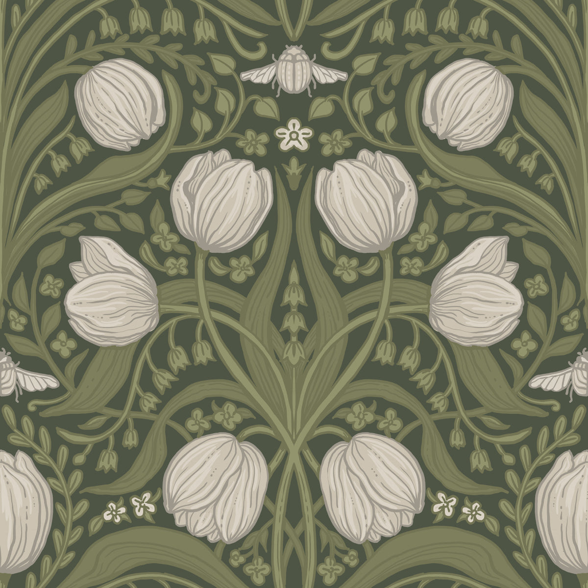 Carta da parati con tulipani in stile Retro Nouveau nei toni dell'arancione e del verde acqua.
