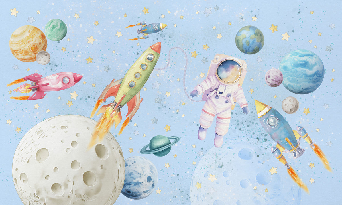 Mural de pared azul claro con acuarela de aventura espacial