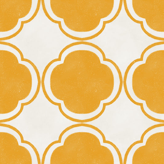 Carta da parati gialla con decorazione a quadrifoglio in stile mediterraneo