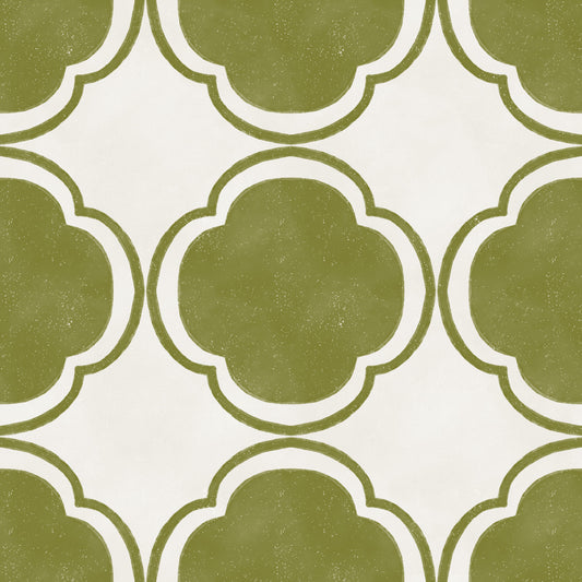 Carta da parati verde con decorazione a quadrifoglio in stile mediterraneo
