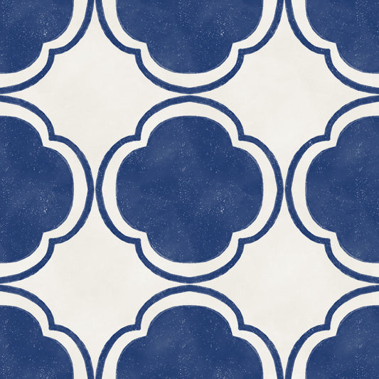 Carta da parati blu con decorazione a quadrifoglio in stile mediterraneo