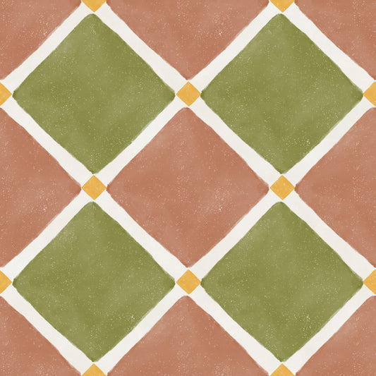 Carta da parati con decorazione rustica a scacchiera in stile mediterraneo effetto invecchiato - Terracotta - Oliva