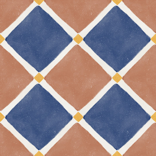Mediterranean Rustic Checkerboard Aged Decoration - Terracotta - Blue Wallpaper⁠