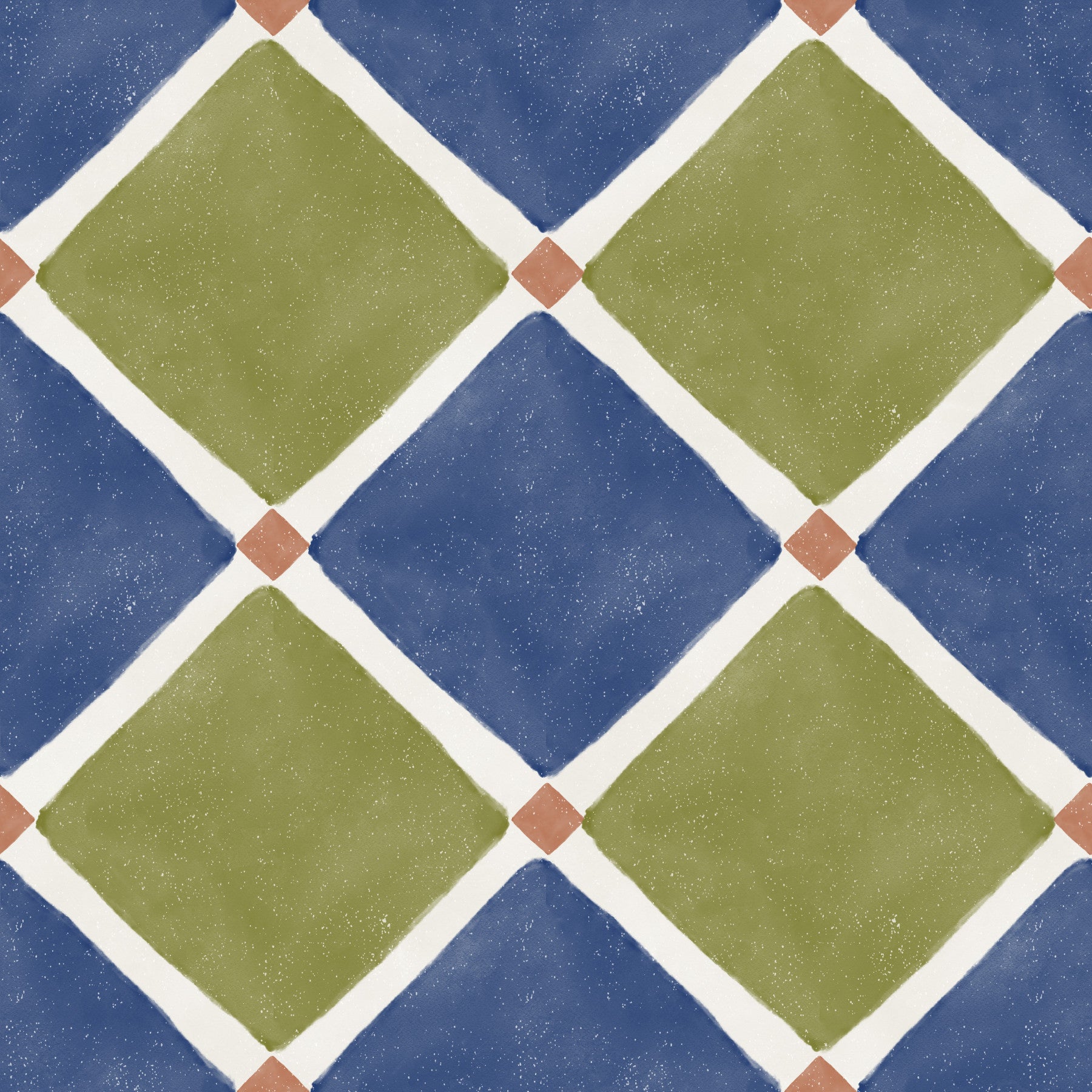 Papier peint à damier rustique méditerranéen vieilli - Bleu - Olive
