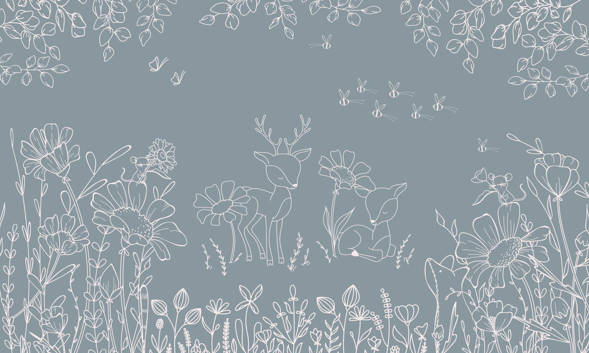 Deer Doodles Blue Wall Mural
