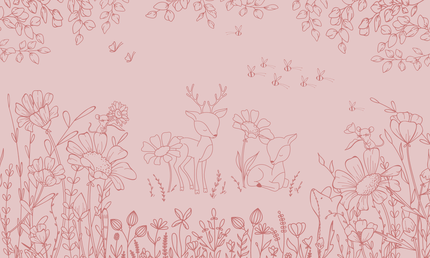 Deer Doodles Pink Dark Wall Mural in your room — zoomed