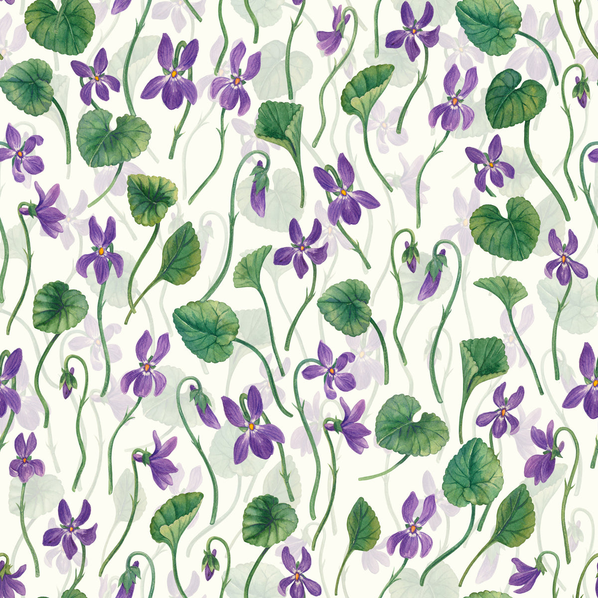 Carta da parati con violette ad acquerello su bianco sporco