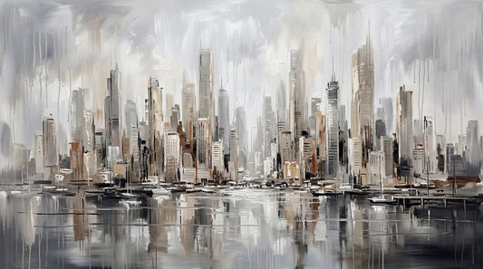 Urban Tide: Murale artistico con riflesso del paesaggio urbano