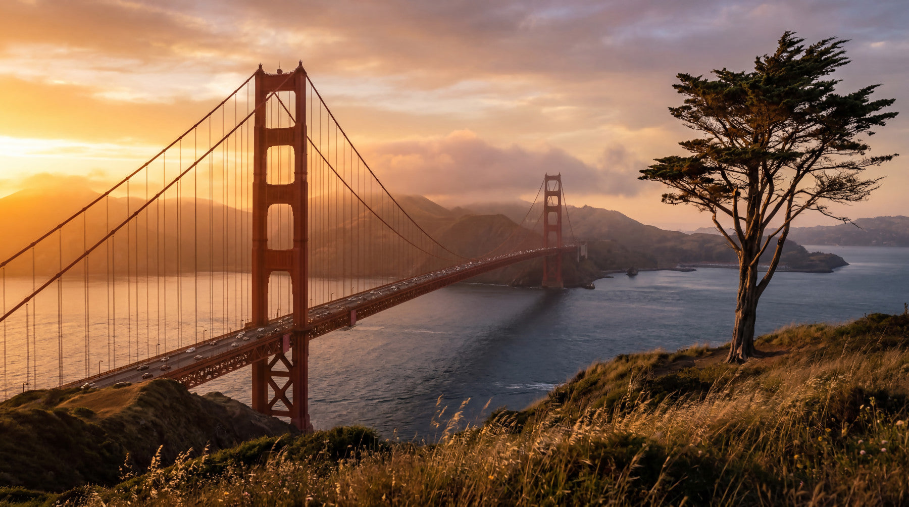 Golden Gate solnedgangsudsigt vægmaleri