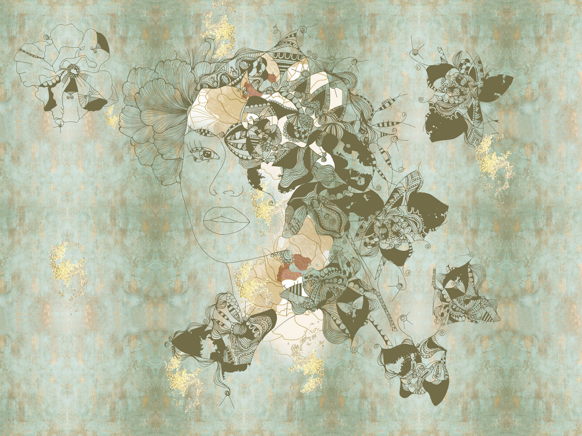 Vintage Blue Floral Woman Portrait Wall Mural in your room