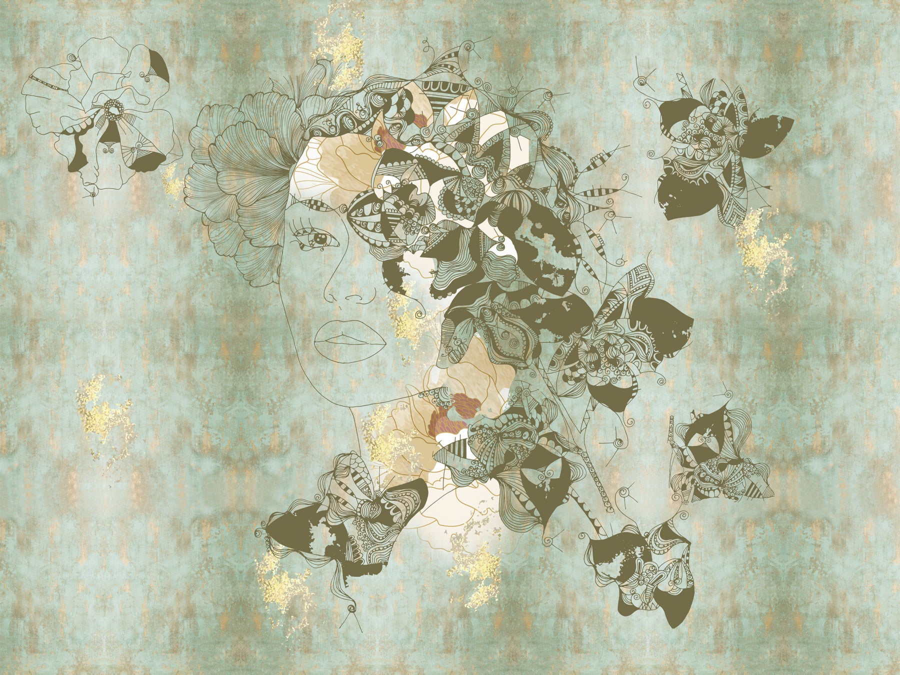 Murale da Parete Ritratto di Donna Floreale Vintage Blu
