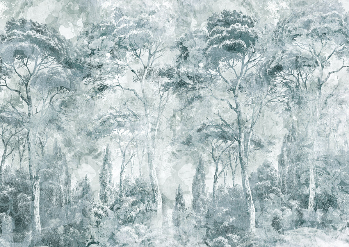 Misty Pine Forest Landscape Wall Mural in your room