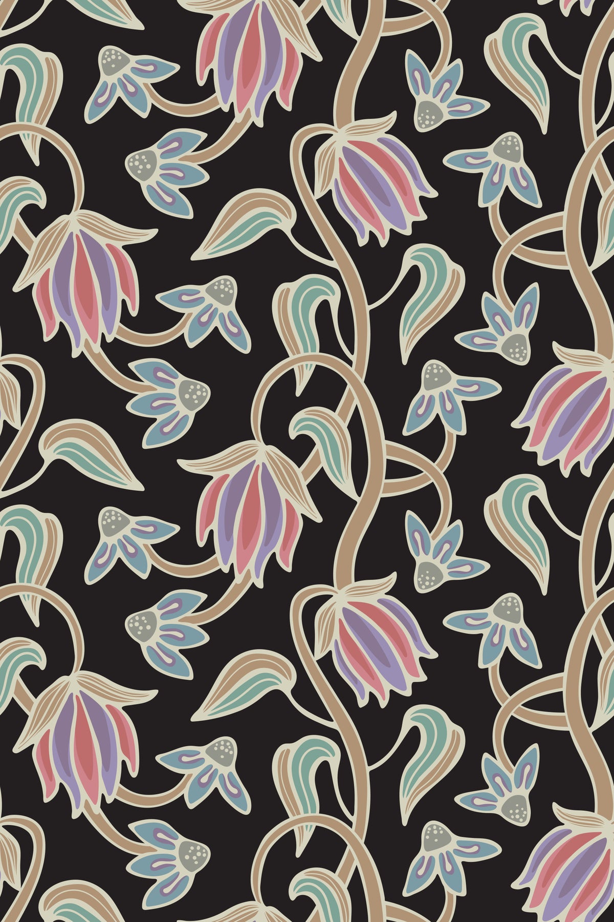 Tapet Ophelia Boho Blossoms Floral în pasteluri antice pe fundal negru in your room