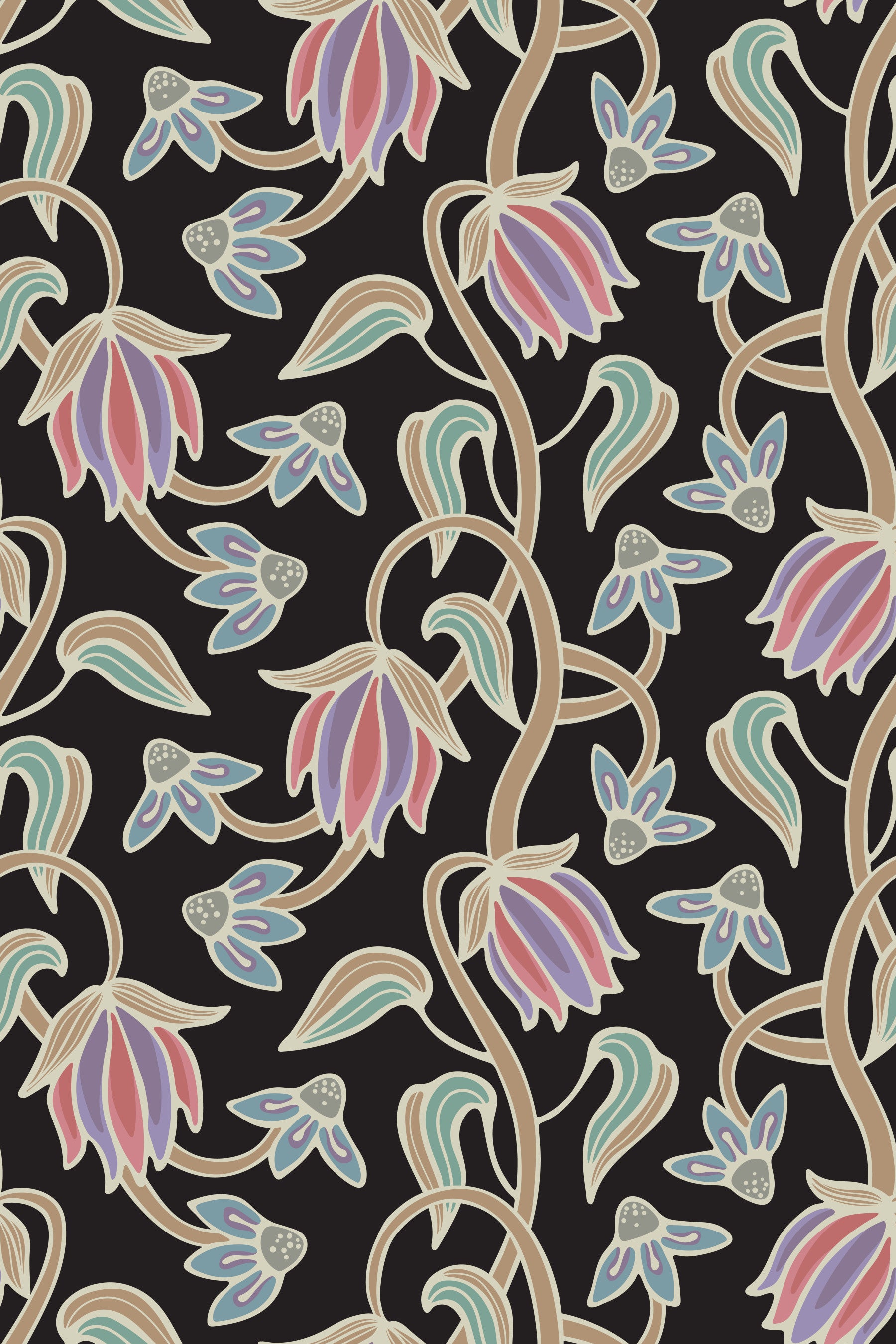 Tapet Ophelia Boho Blossoms Floral în pasteluri antice pe fundal negru in your room — zoomed