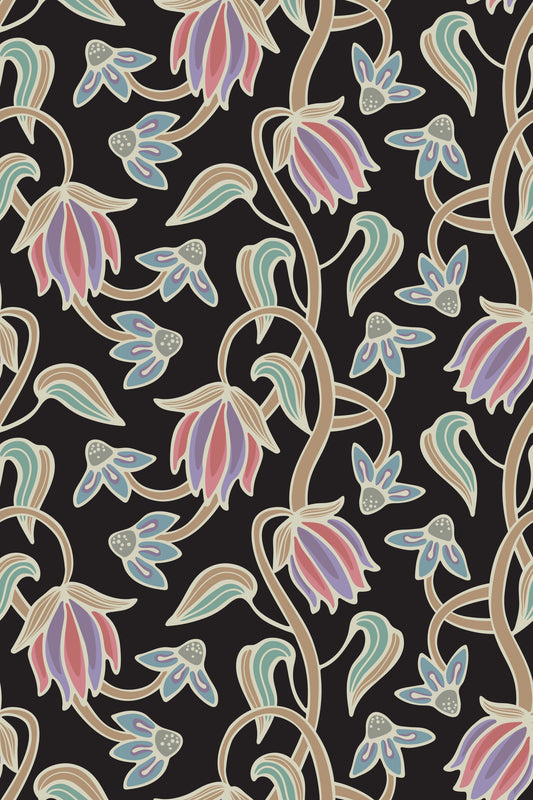 Papier peint Ophelia Boho Blossoms floral aux pastels anciens sur fond noir