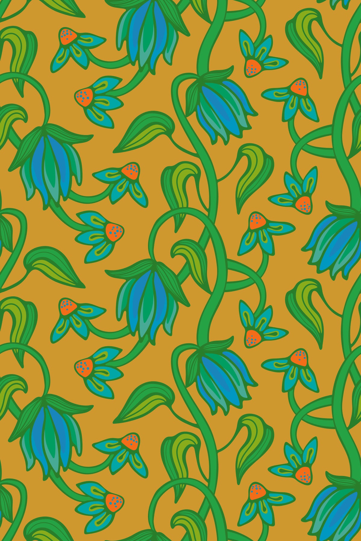 Papel de Parede Ophelia Boho Flores Tropicais Azul Verde em Amarelo Mostarda in your room