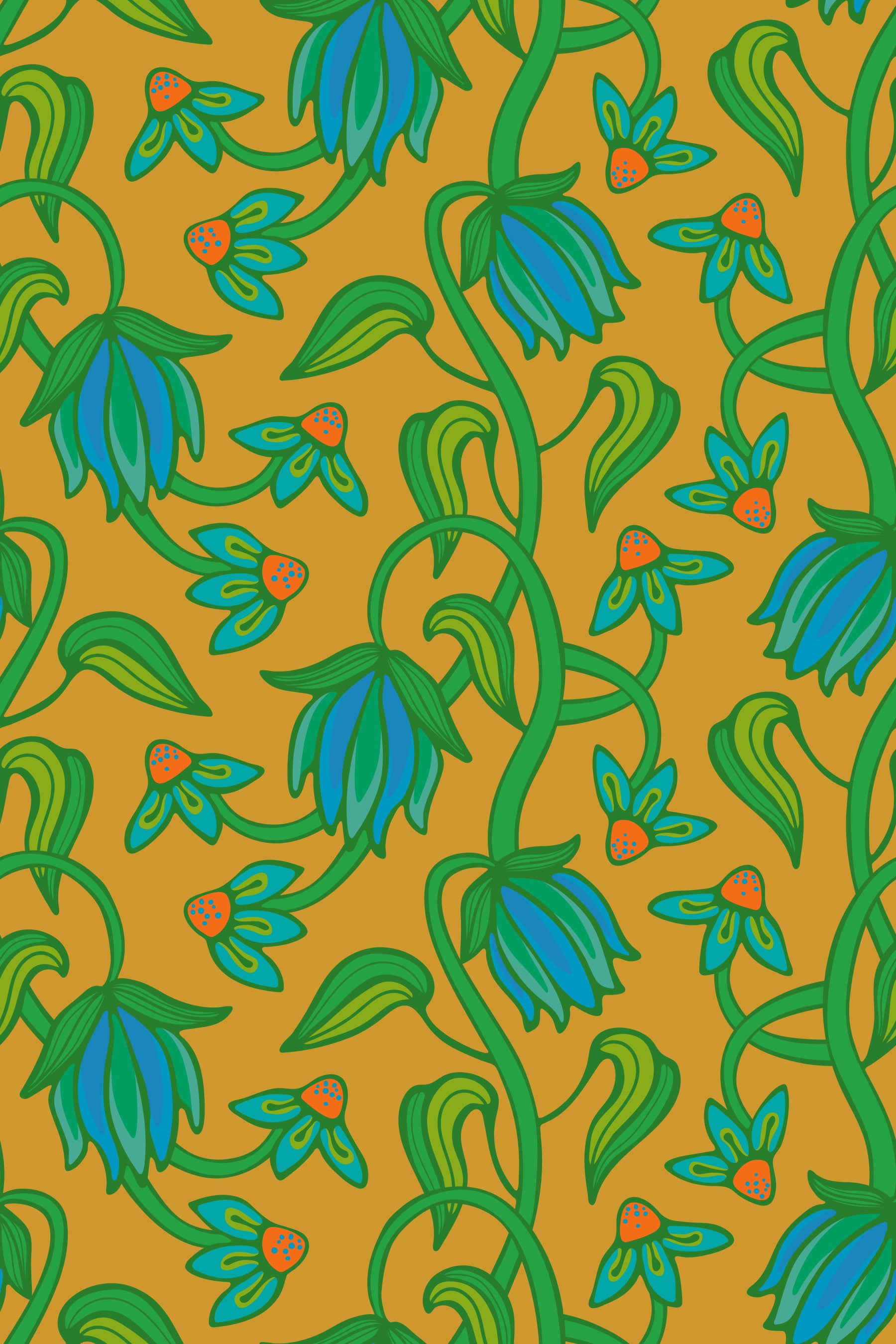 Papel de Parede Ophelia Boho Flores Tropicais Azul Verde em Amarelo Mostarda in your room — zoomed