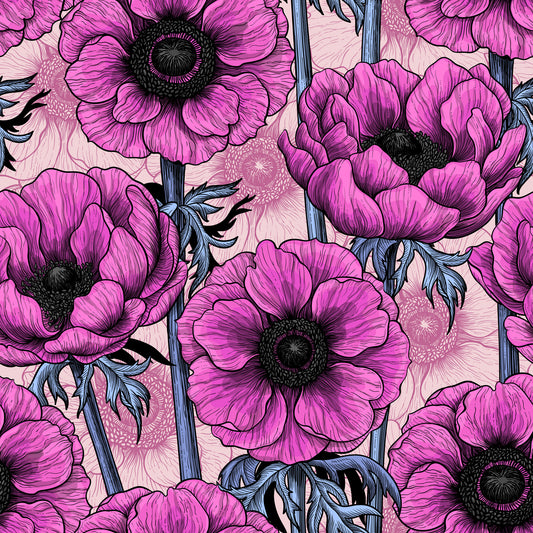 Papier peint jardin d'anémones roses sur fond rose clair