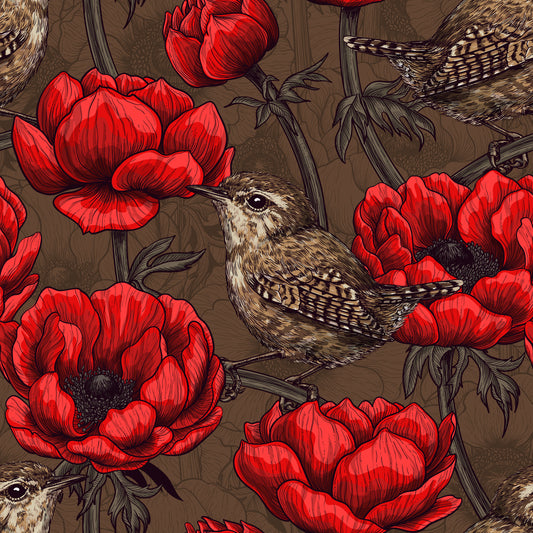 Troglodytes dans un jardin d'anémones rouges Papier peint⁠
