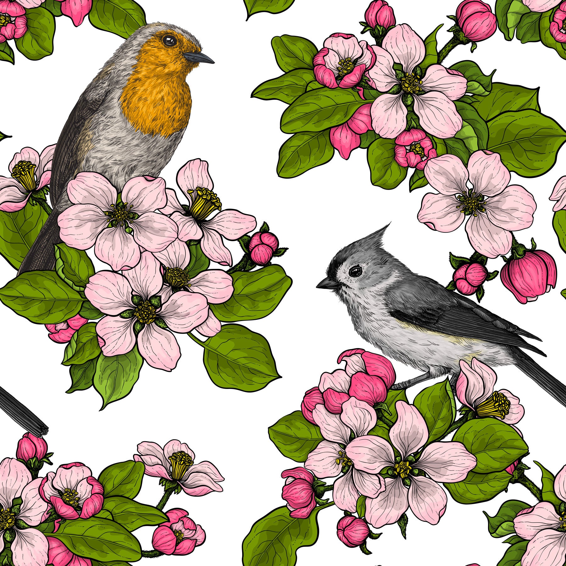 白地に鳥と花の壁紙