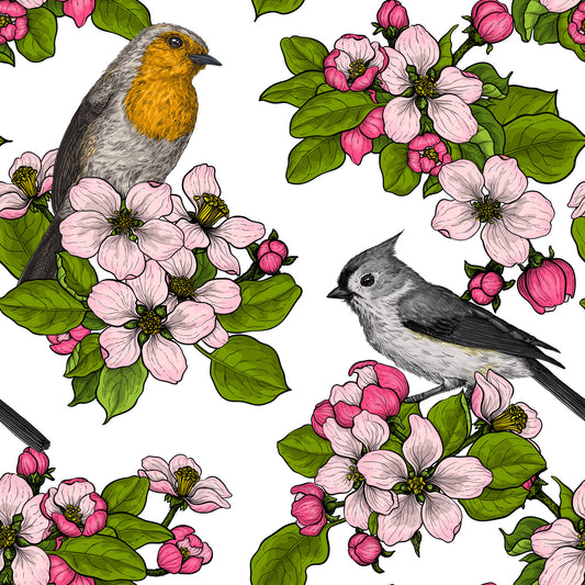Oiseaux et Fleurs sur fond blanc Papier peint⁠