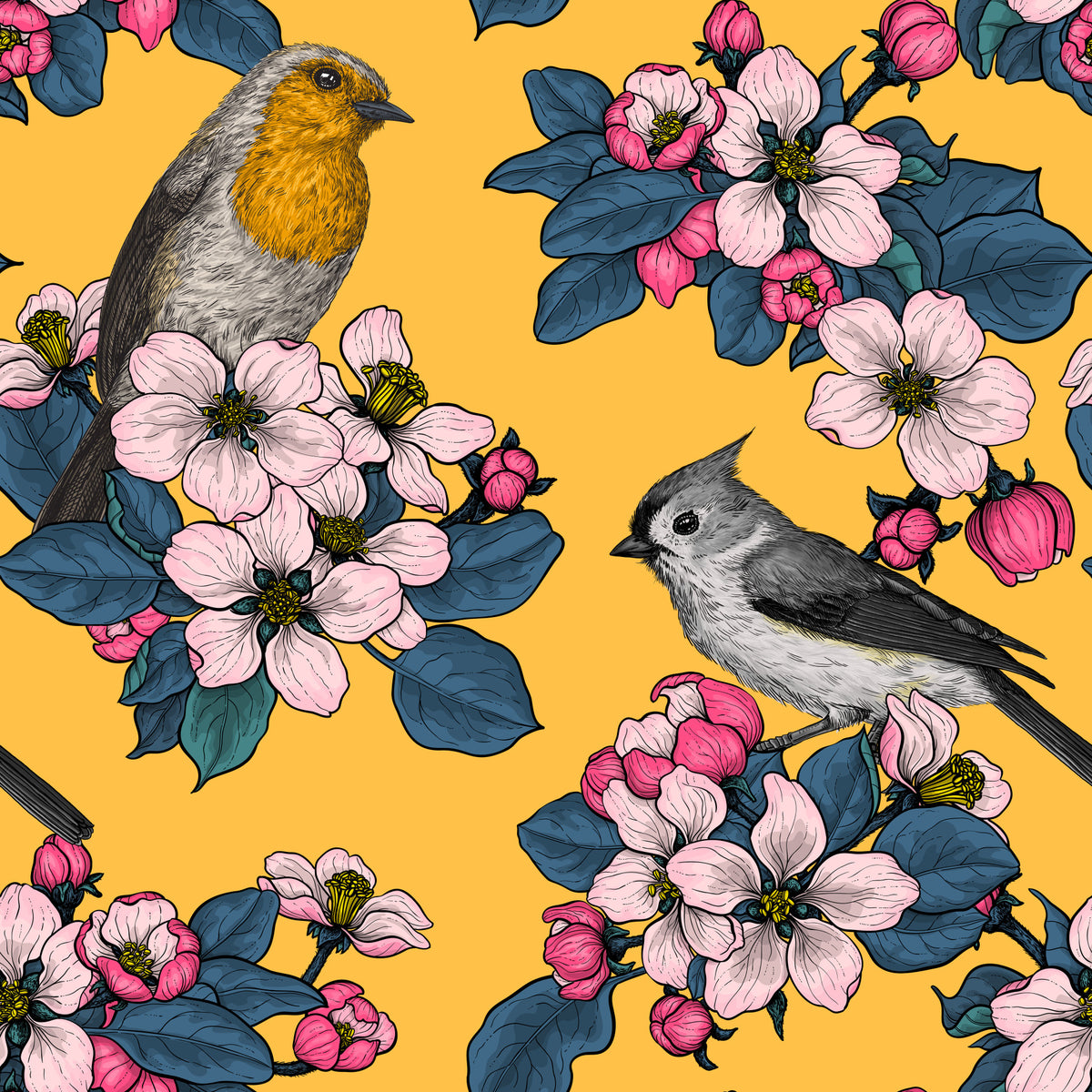 Uccelli e fiori su carta da parati gialla in your room — zoomed