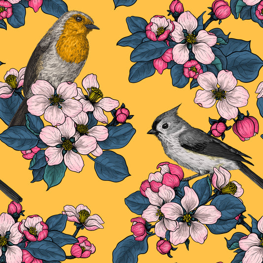 Vögel und Blüten auf gelbem Tapetenmuster