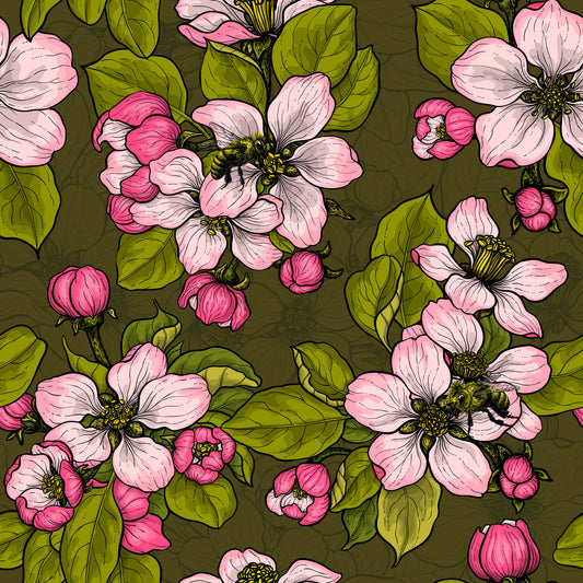 Apfelblüte auf grünem Tapetenmuster
