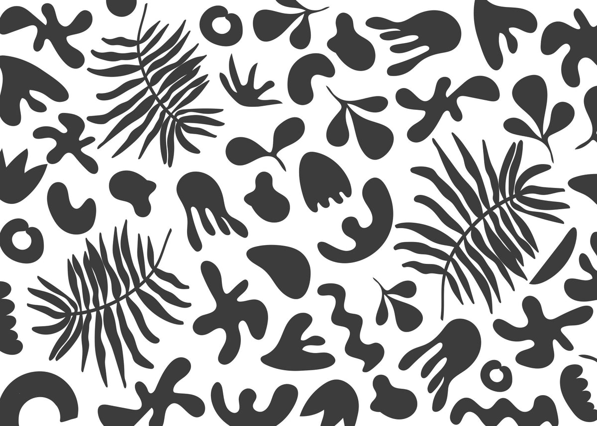 Abstrakcyjne organiczne liście w czerni i bieli - mural ścienny in your room — zoomed